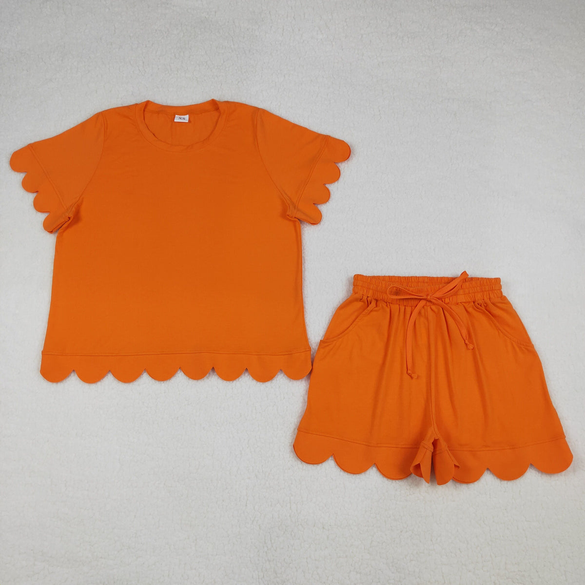 Sibling Adult Women Short Sleeve Shirts Top Pockets Short Scallop Clothes Set