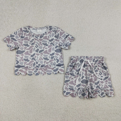 Sibling Baby Girls Short Sleeve Shirts Top Pockets Short Scallop Clothes Sets