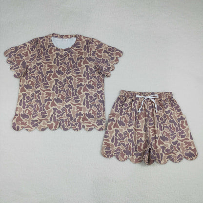 Sibling Adult Women Southern Camo Shirts Top Pockets Short Scallop Clothes Set