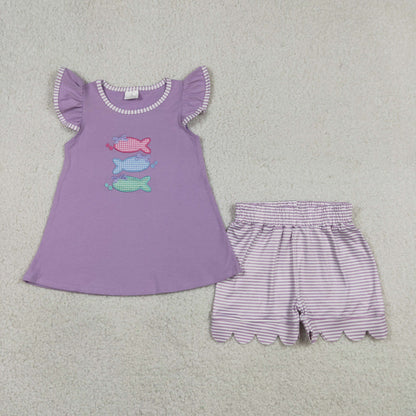 Sibling Baby Kids Embroidery Fishes Top Stripe Short Hunting Clothes Set Rompers