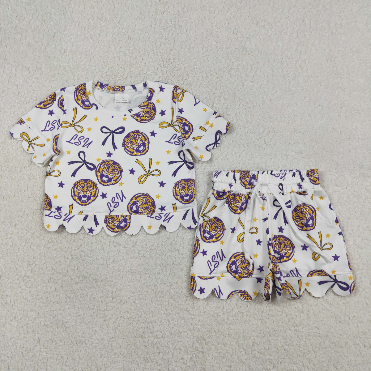 Sibling Mama and Me Kids Bows LSU Tigers Team Clothes Sets Polo Shirt Yoga Active Butterfly Shorts