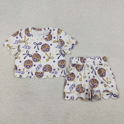 Sibling Mama and Me Kids Bows LSU Tigers Team Clothes Sets Polo Shirt Yoga Active Butterfly Shorts