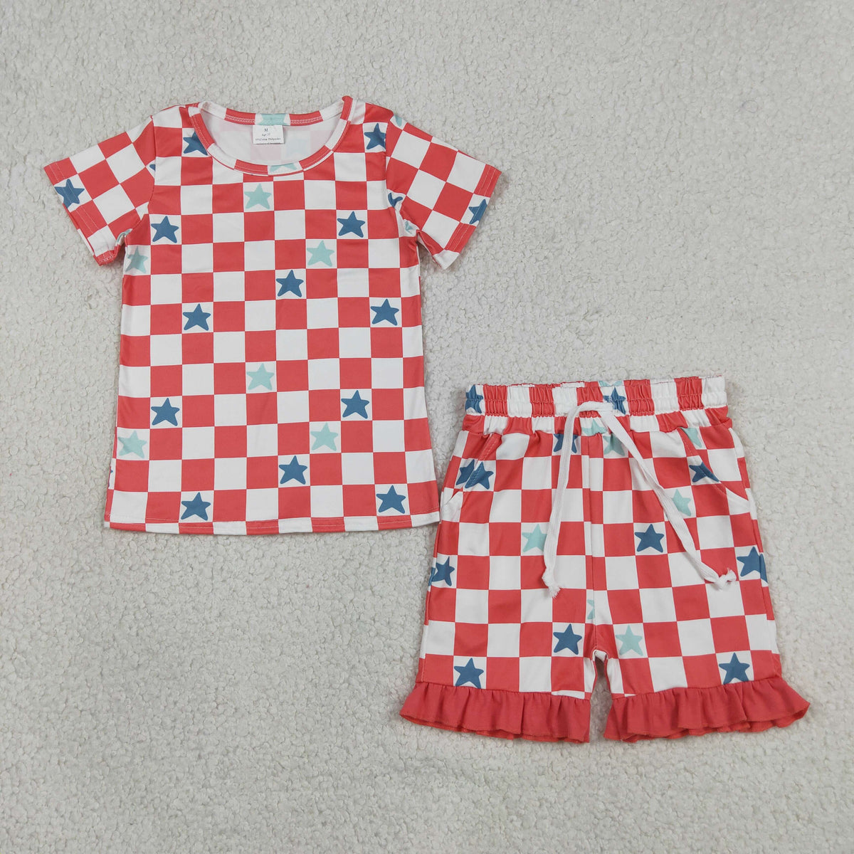 GSSO3293 Baby Girls Red Checked Stars Top Pockets Ruffle Short 4th of July Clothes Set