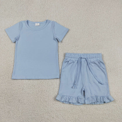 Sibling Baby Girls Short Sleeve Cotton Shirts Top Pockets Ruffle Short Clothes Sets