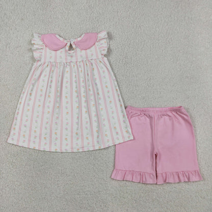 GSSO3363 Baby Girls Flutter Sleeve Pink Flowers Stripe Collar Tunic Ruffle Short Clothes Set