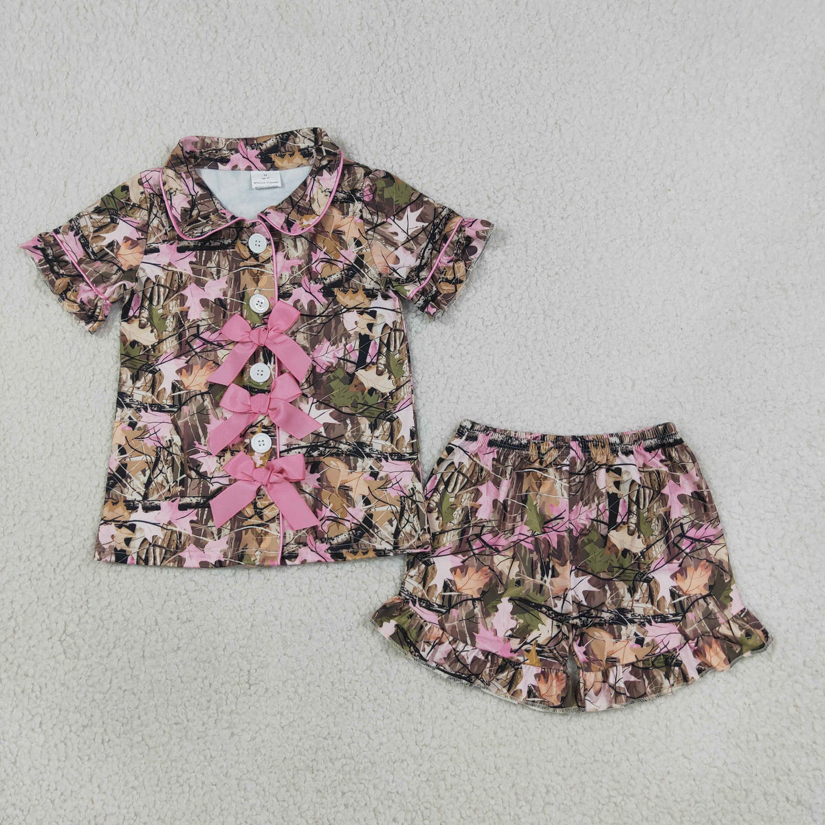 GSSO3364 Baby Girls Pink Brown Leaves Camo Bows Button Top Ruffle Short Pajamas Clothes Set