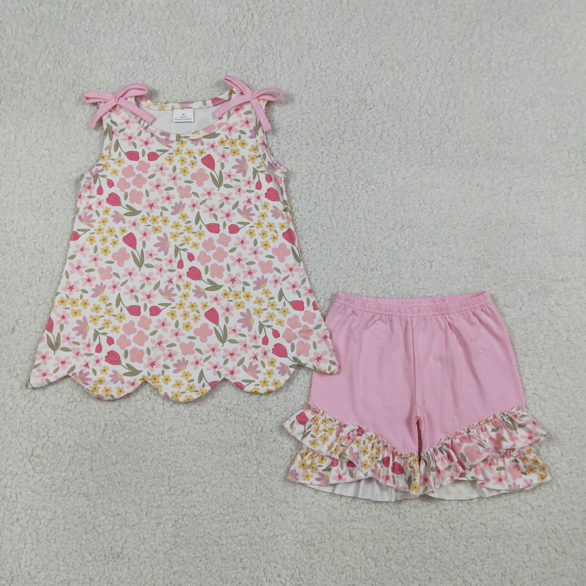 Sibling Baby Girls Colorful Flowers Scallop Tunic Ruffle Short Clothes Sets