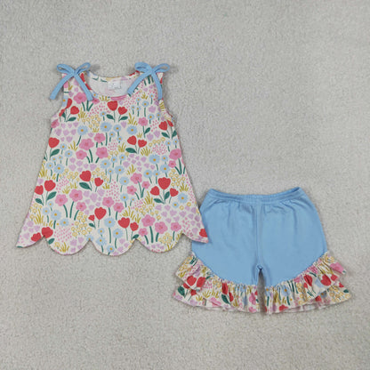 Sibling Baby Girls Colorful Flowers Scallop Tunic Ruffle Short Clothes Sets