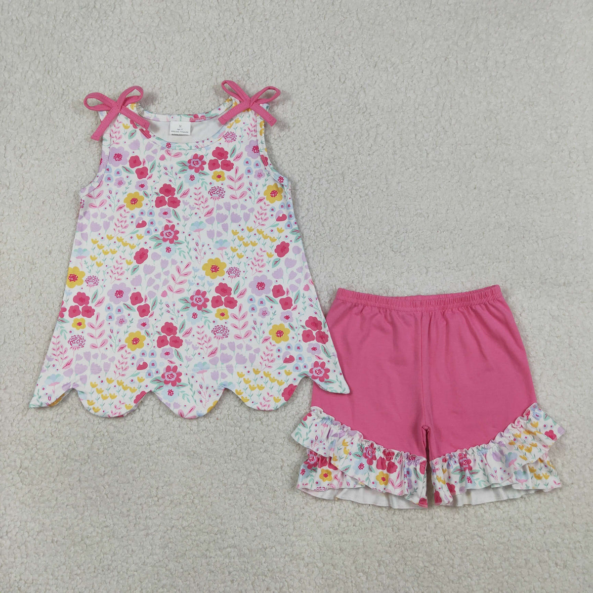 Sibling Baby Girls Colorful Flowers Scallop Tunic Ruffle Short Clothes Sets