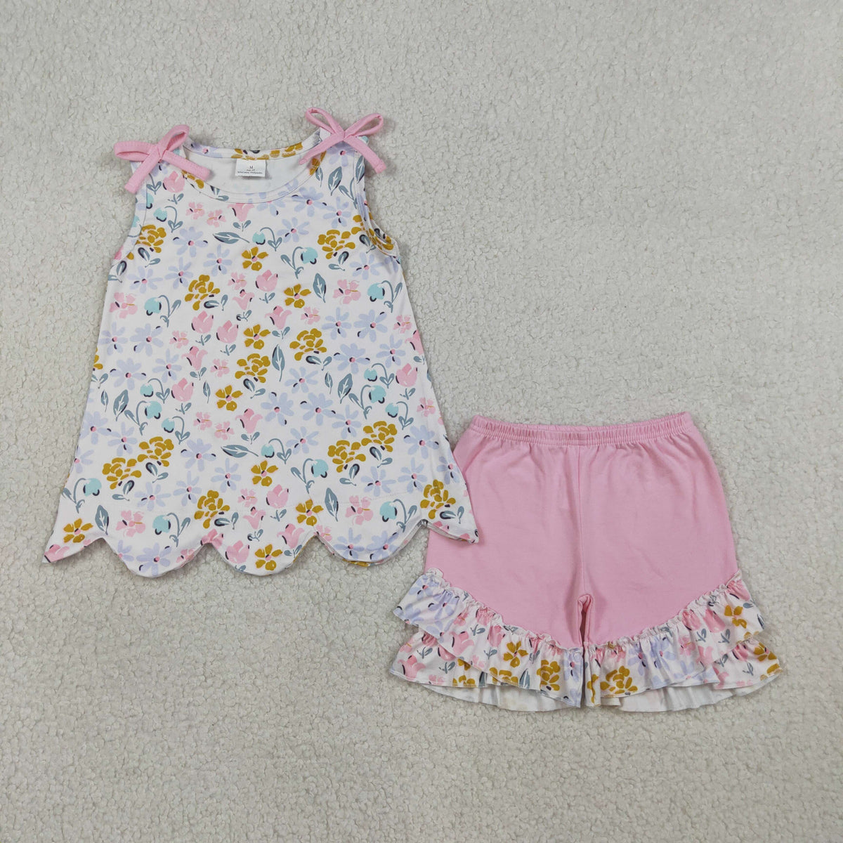 Sibling Baby Girls Colorful Flowers Scallop Tunic Ruffle Short Clothes Sets