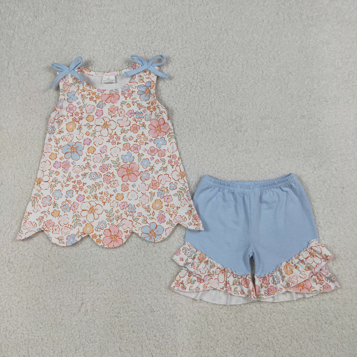 Sibling Baby Girls Colorful Flowers Scallop Tunic Ruffle Short Clothes Sets
