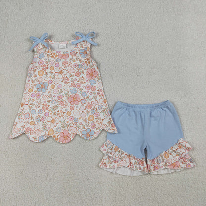 Sibling Baby Girls Colorful Flowers Scallop Tunic Ruffle Short Clothes Sets