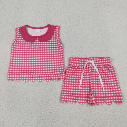 Sibling Baby Girls Short Sleeve Collar Checked Top Pockets Shorts Scallop Clothes Sets