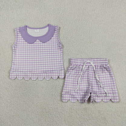 Sibling Baby Girls Short Sleeve Collar Checked Top Pockets Shorts Scallop Clothes Sets