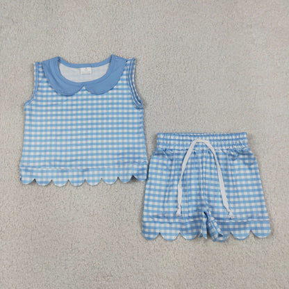 Sibling Baby Girls Short Sleeve Collar Checked Top Pockets Shorts Scallop Clothes Sets