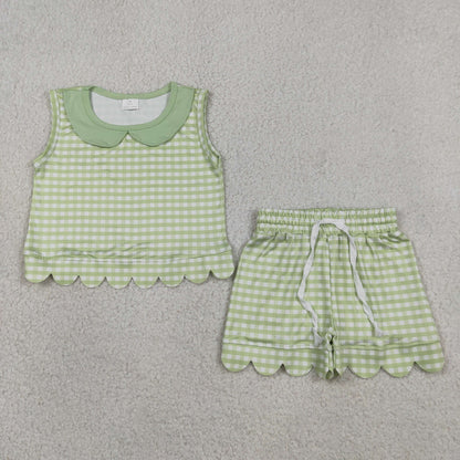 Sibling Baby Girls Short Sleeve Collar Checked Top Pockets Shorts Scallop Clothes Sets