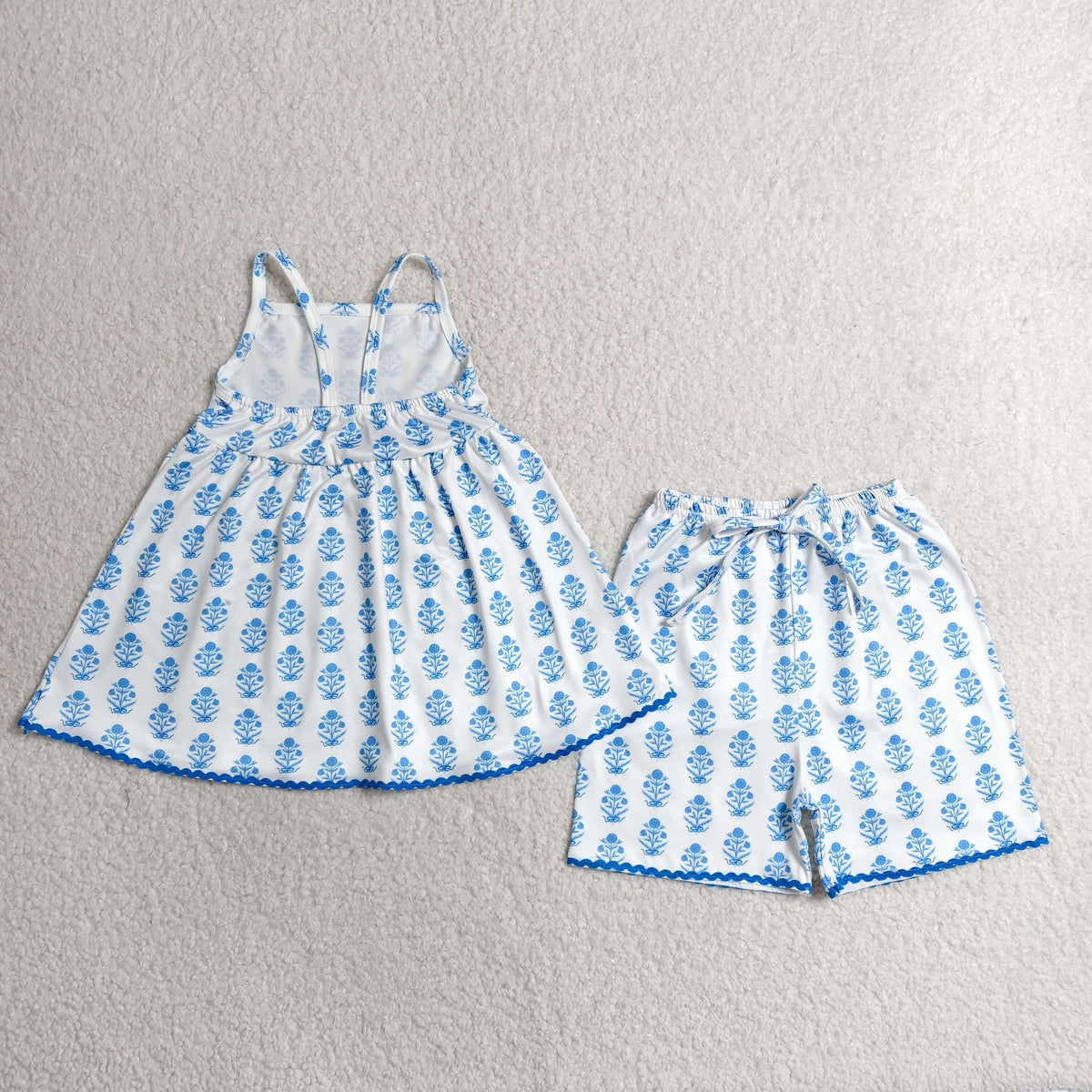 Sibling Baby Girls Strap Flowers Polka Dots Checked Tunic Short Clothes Sets