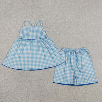 Sibling Baby Girls Strap Flowers Polka Dots Checked Tunic Short Clothes Sets