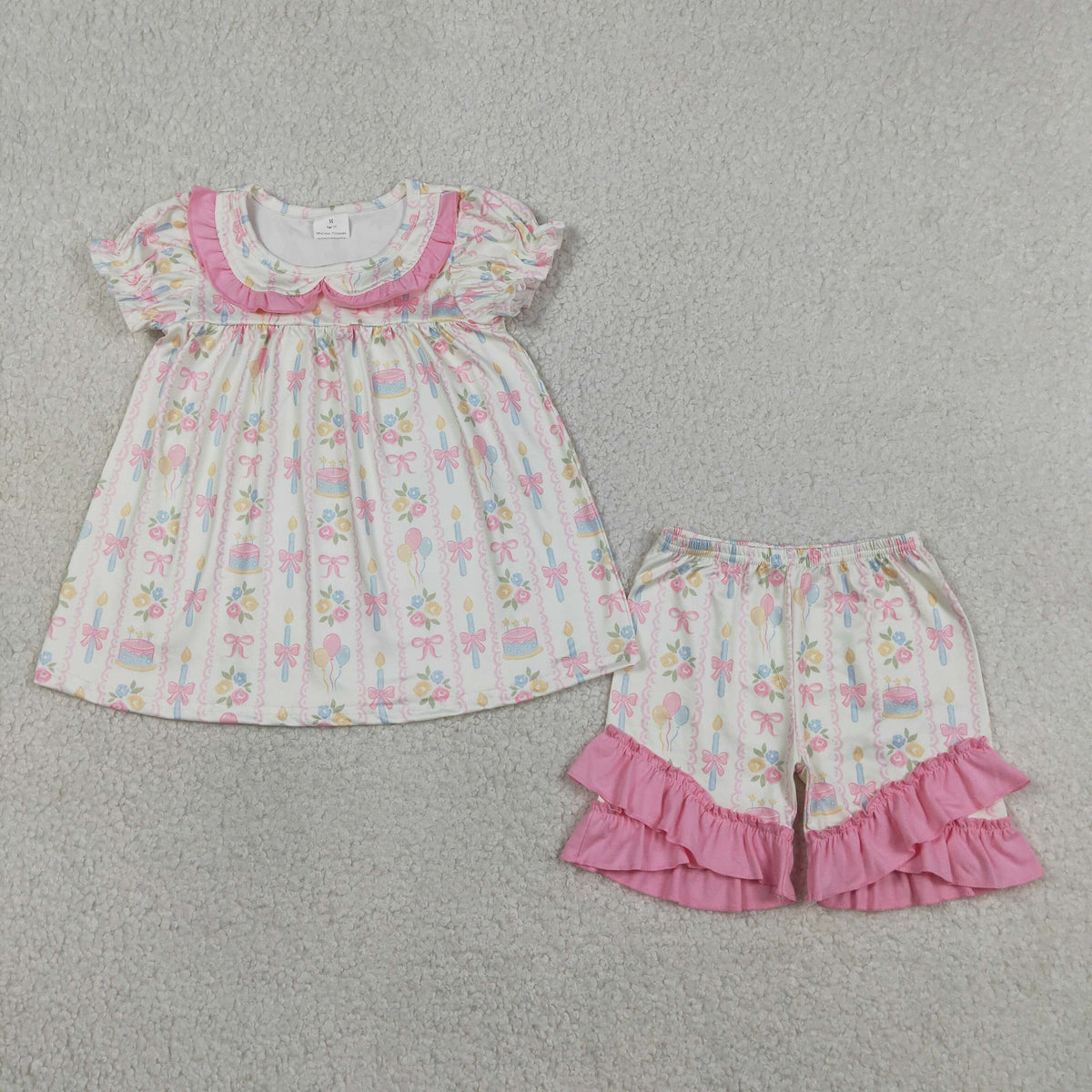GSSO3445 Baby Girls Flowers Cakes Tunic Ruffle Short Happy Birthday Clothes Set