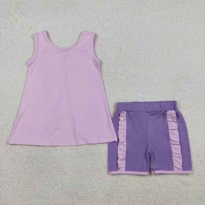 GSSO3461 Baby Girls Sleeveless Pink Purple Babk Bow Tunic Ruffle Short Clothes Set