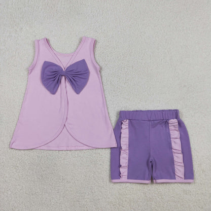 GSSO3461 Baby Girls Sleeveless Pink Purple Babk Bow Tunic Ruffle Short Clothes Set