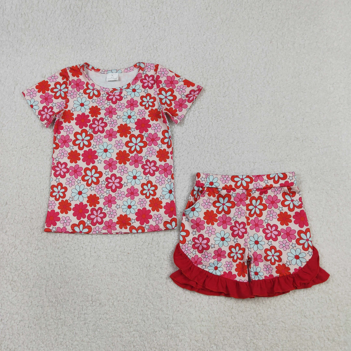 GSSO3471 Baby Girls Colorful Flowers Top Pockets Ruffle Short Clothes Set