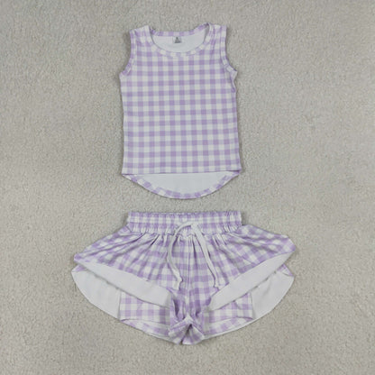 Sibling Baby Girls Checked Vest Top Butterfly Shorts Yoga Active Clothes Sets