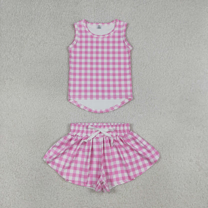 Sibling Baby Girls Checked Vest Top Butterfly Shorts Yoga Active Clothes Sets