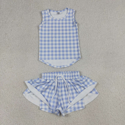 Sibling Baby Girls Checked Vest Top Butterfly Shorts Yoga Active Clothes Sets