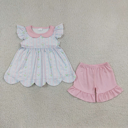 Sibling Baby Girls Flowers Stripe Tunic Ruffle Short Scallop Clothes Set Collar Dress