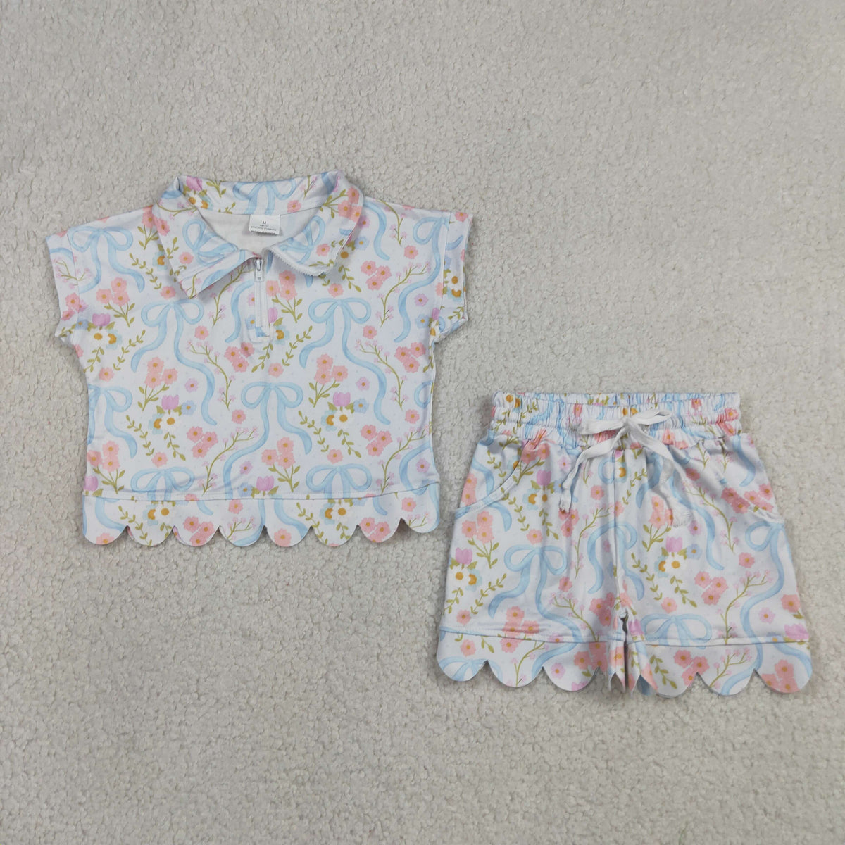 Sibling Baby Girls Bows Flowers Zip Pullovers Pockets Shorts Scallop Clothes Sets
