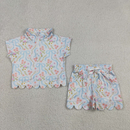 Sibling Baby Girls Bows Flowers Zip Pullovers Pockets Shorts Scallop Clothes Sets