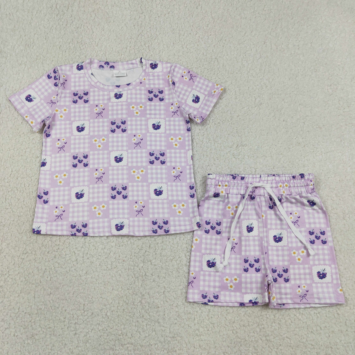 GSSO3647 Baby Girls Short Sleeve Lavender Flowers Checked Top Short Clothes Set
