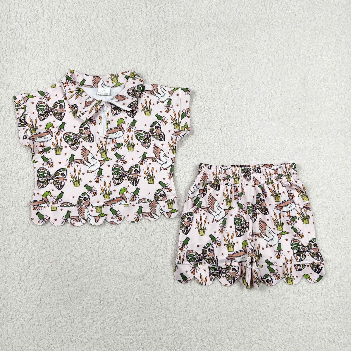 Sibling Baby Girls Camo Ducks Zip Pullovers Pocket Short Scallop Clothes Set Ruffle Rompers