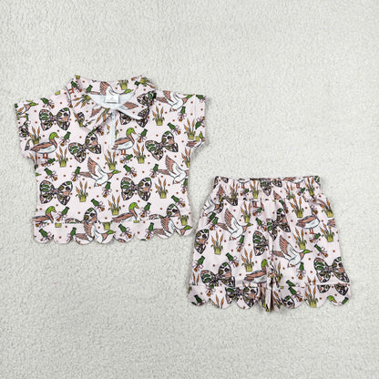Sibling Baby Girls Camo Ducks Zip Pullovers Pocket Short Scallop Clothes Set Ruffle Rompers