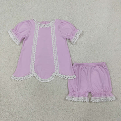 GSSO3681 Baby Girls Short Sleeve Tunic Lace Ruffle Short Clothes Set