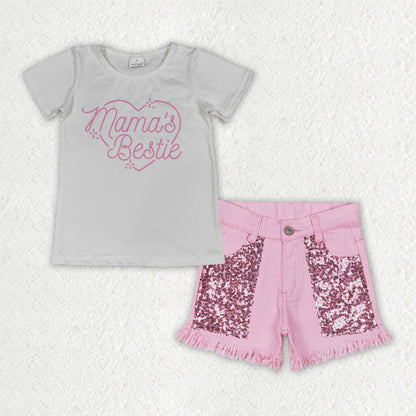 Sibling Baby Girls Dad and Mom Shirt Top Sequin Pockets Denim Short Clothes Sets