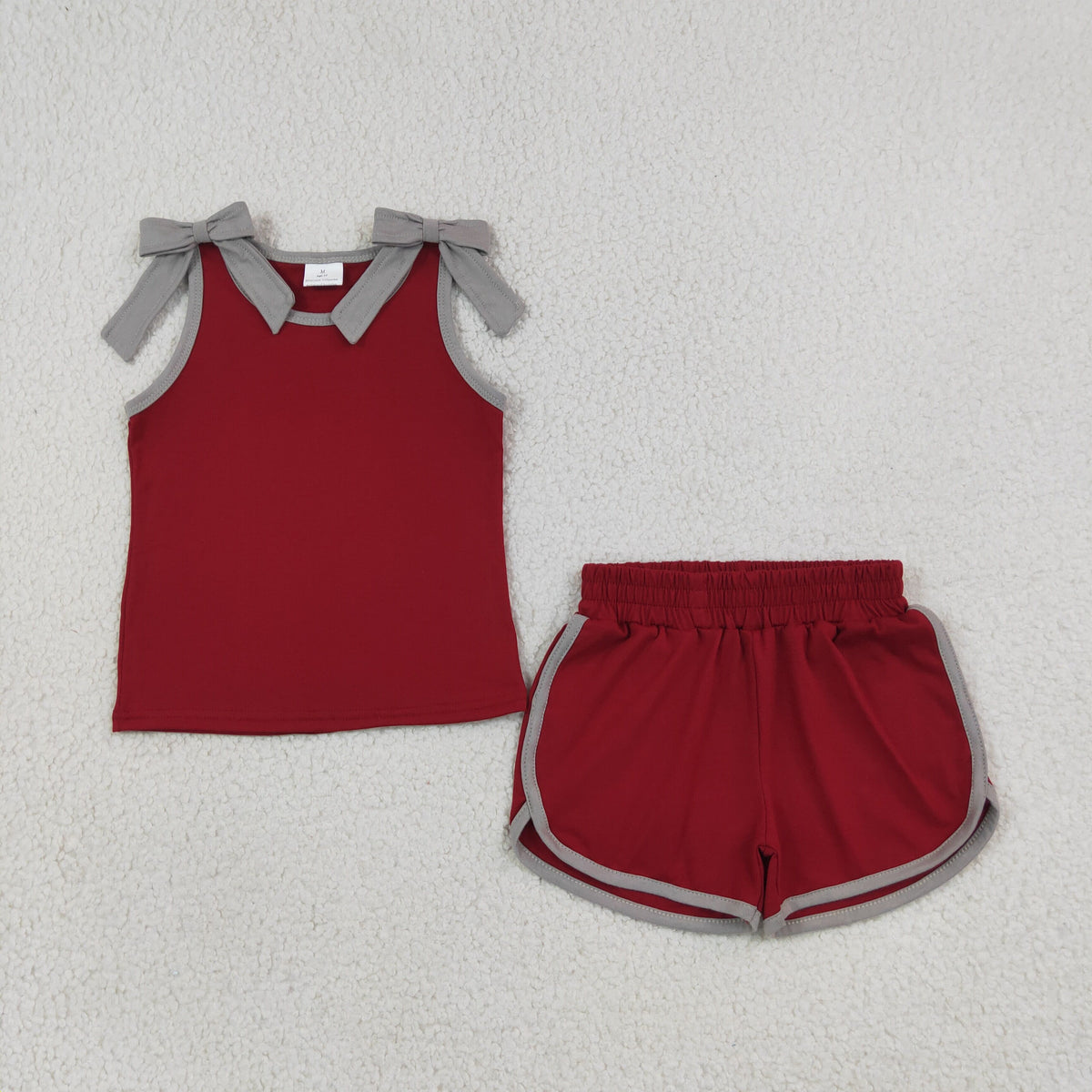 GSSO3820 Baby Girls Maroon Grey Bows Sleeveless Vests Pockets Short Clothes Set