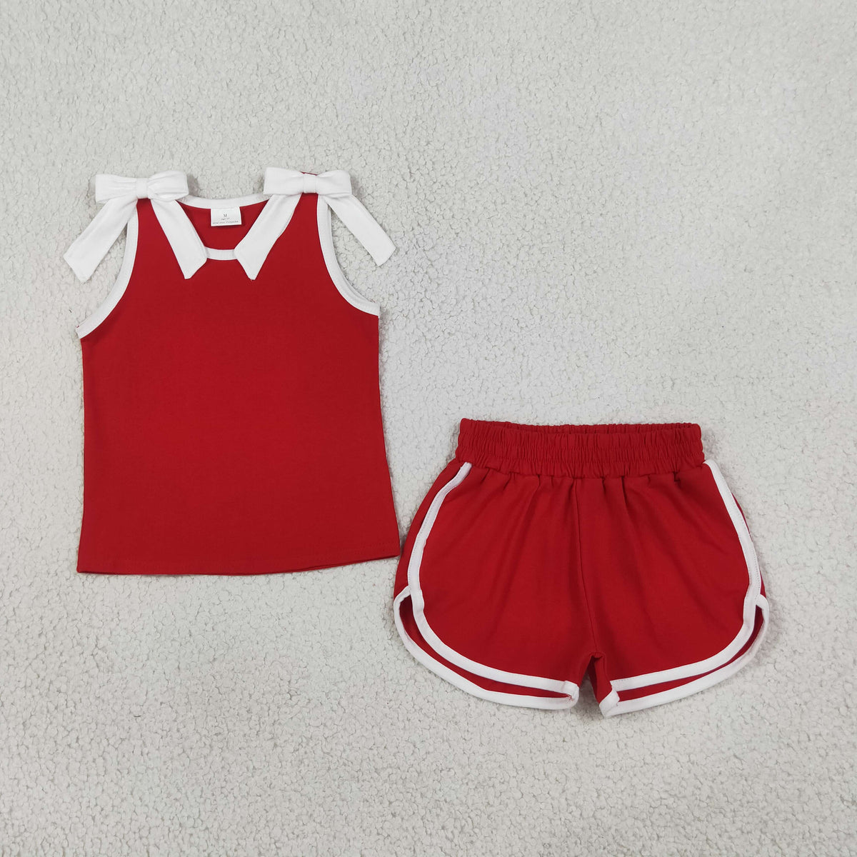 GSSO3821 Baby Girls Red White Bows Sleeveless Vests Pockets Short Clothes Set