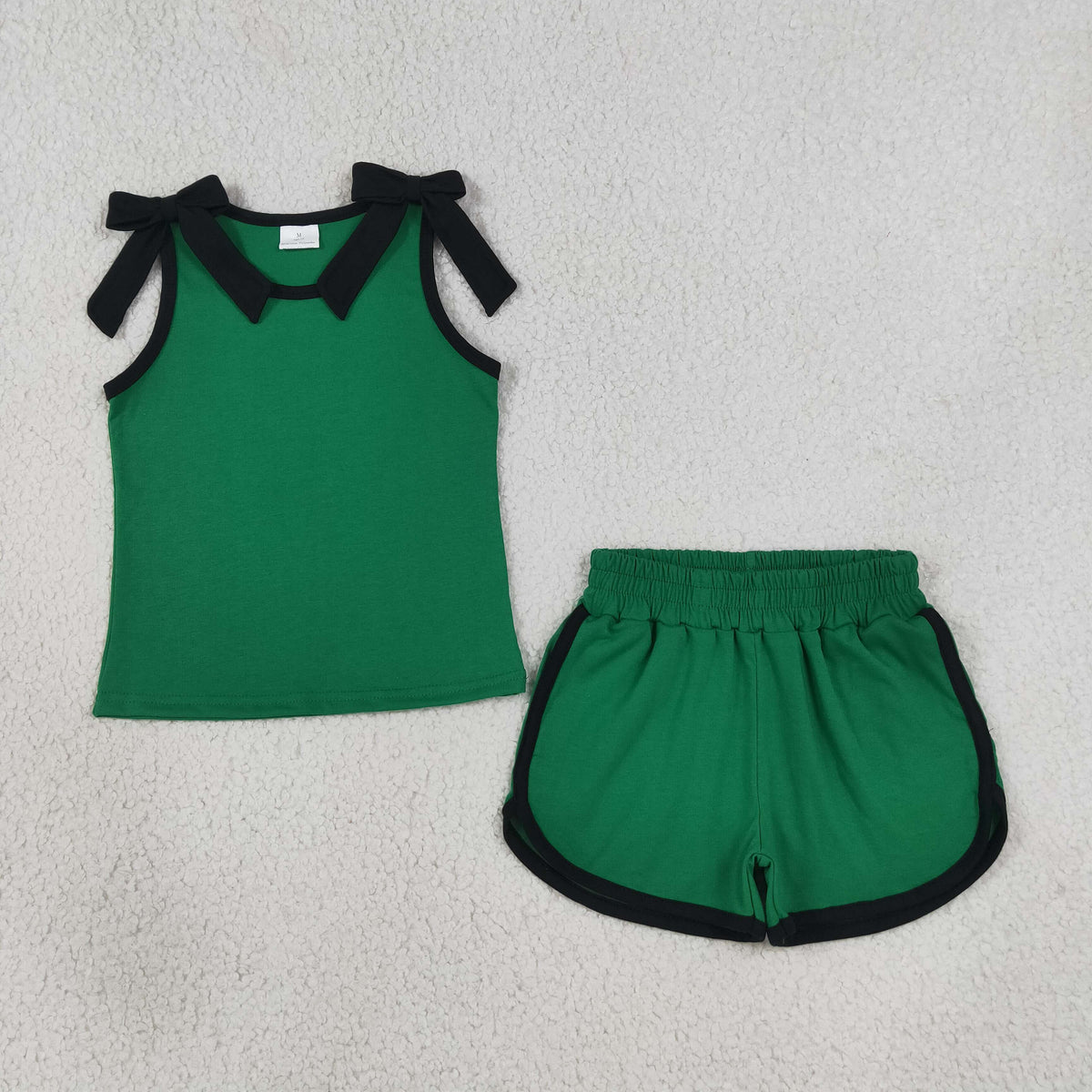 GSSO3825 Baby Girls Green Black Bows Sleeveless Vests Pockets Short Clothes Set