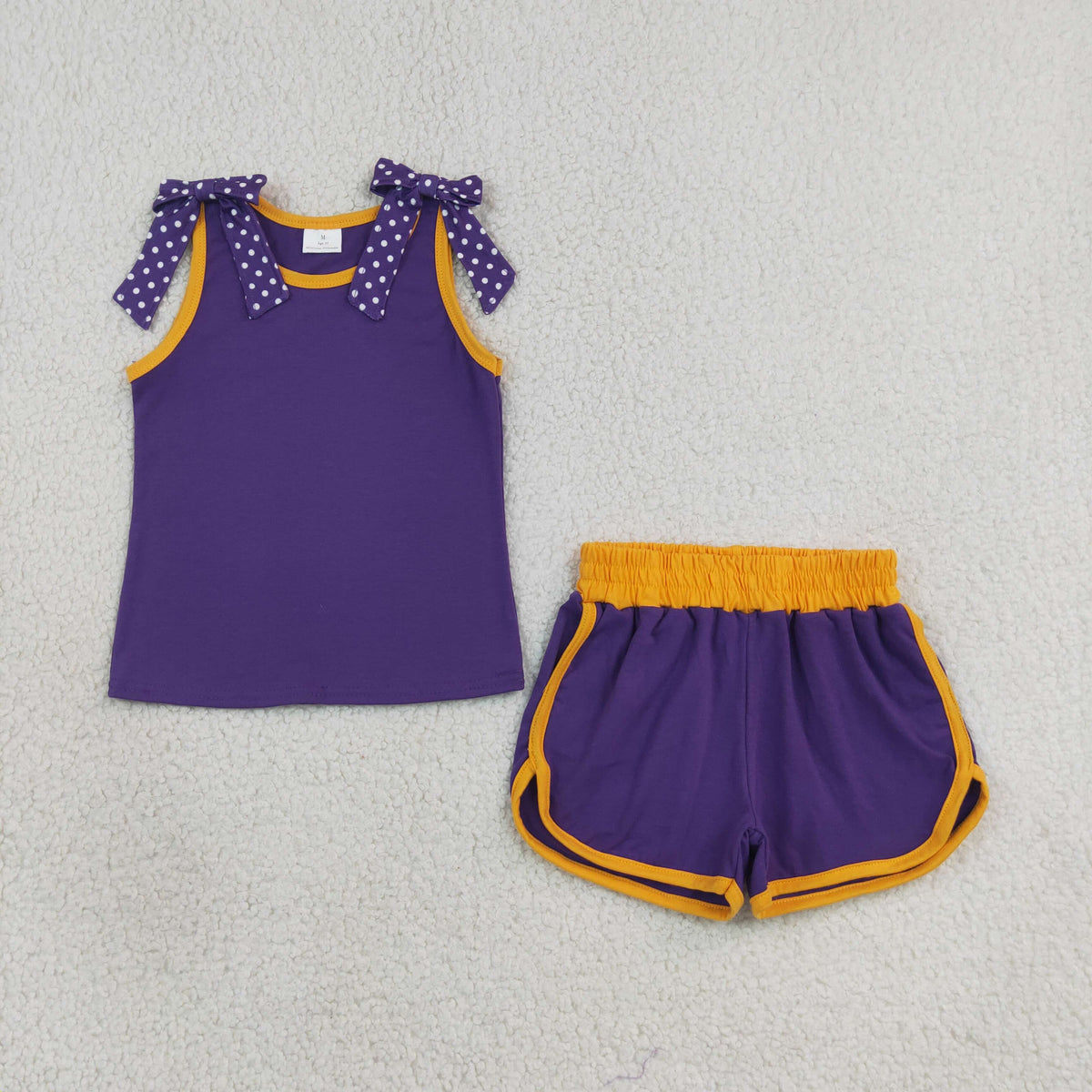 GSSO3826 Baby Girls Purple Polka Dots Bows Sleeveless Vests Pockets Short Clothes Set