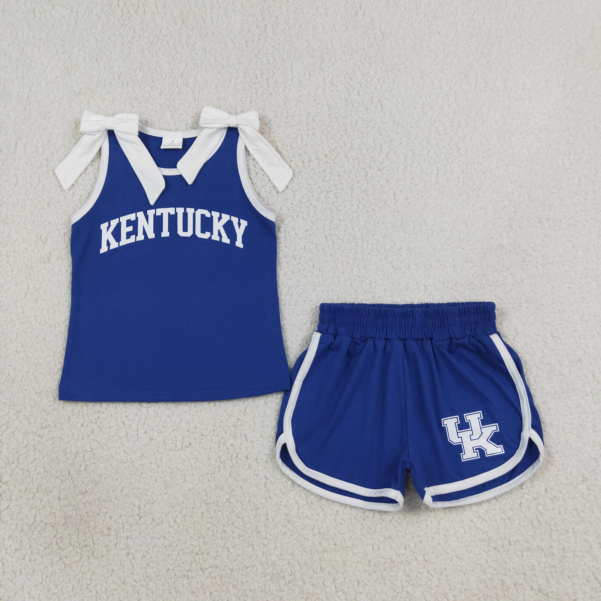 GSSO3830 Baby Girls Blue White Bows Vinyl Kentucky Sleeveless Vest Short Team Clothes Set