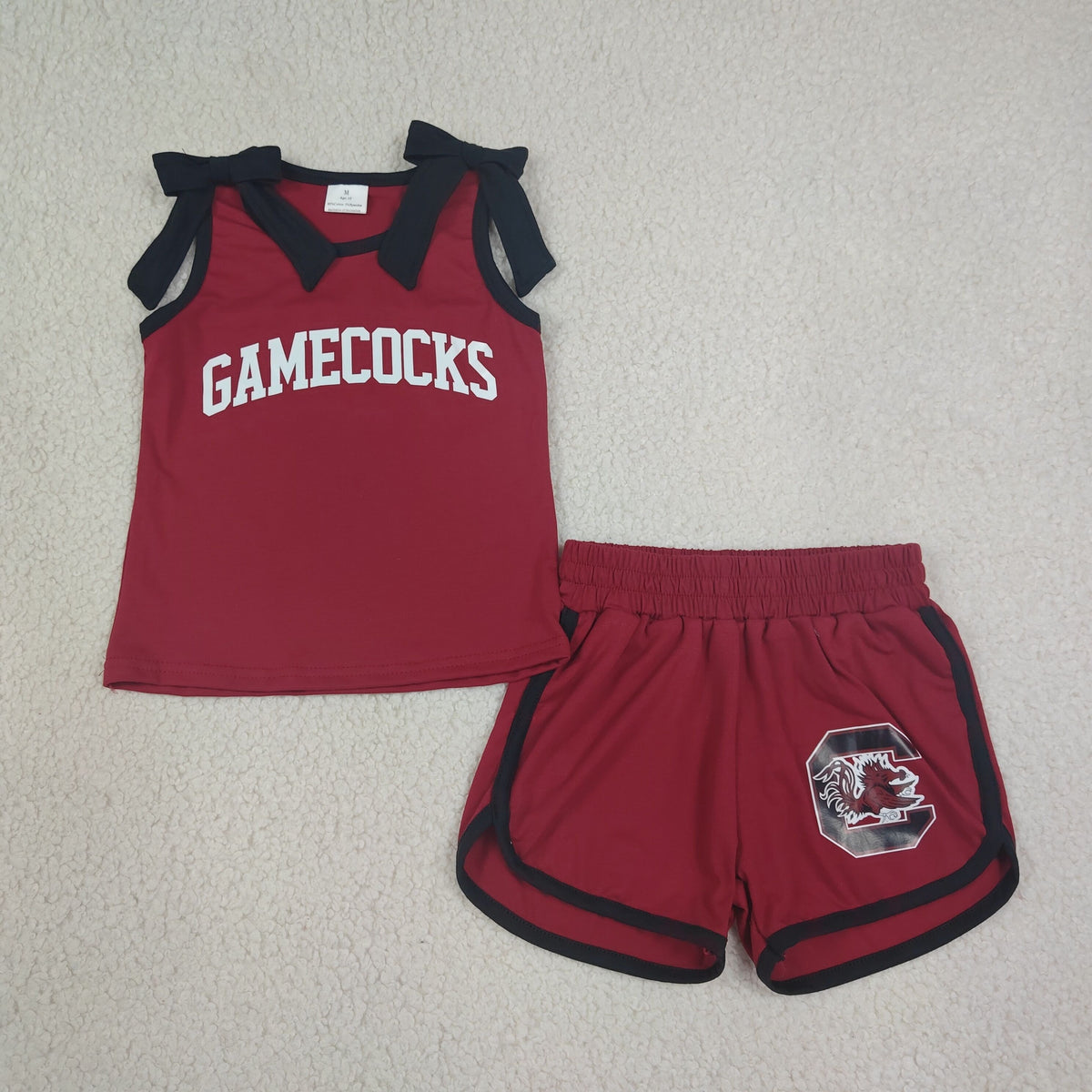 GSSO3835 Baby Girls Maroon Black Bows Vinyl Gamecocks Sleeveless Vest Short Team Clothes Set