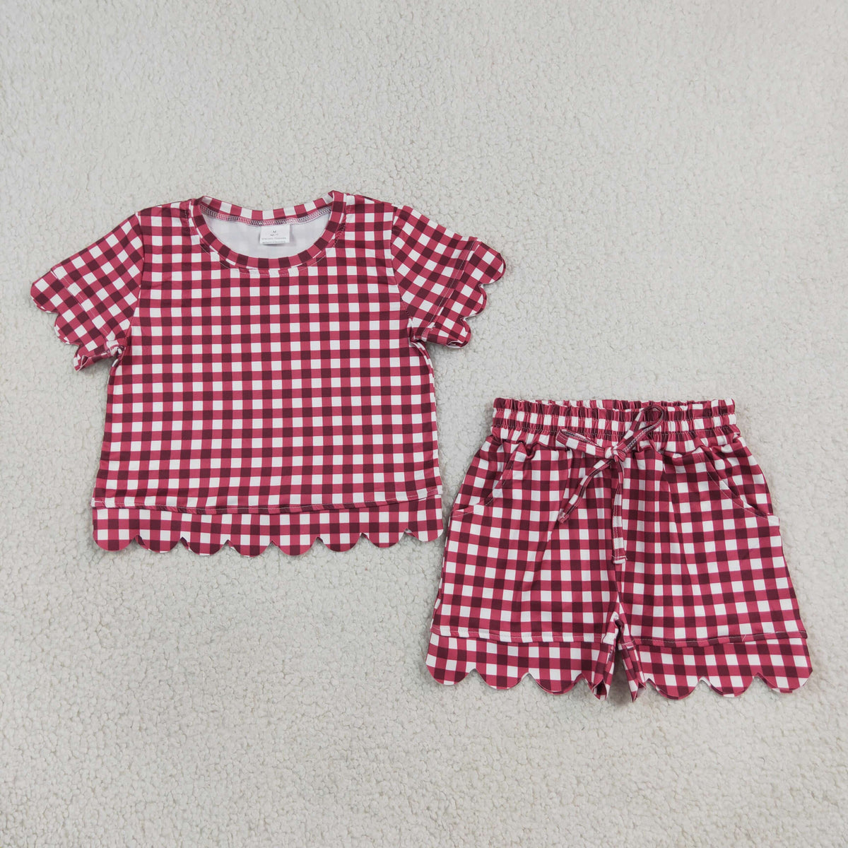 Sibling Baby Girls Short Sleeve Colorful Checked Top Pockets Short Scallop Clothes Sets