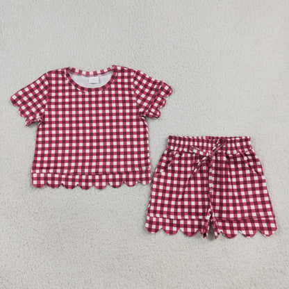 Sibling Baby Girls Short Sleeve Colorful Checked Top Pockets Short Scallop Clothes Sets