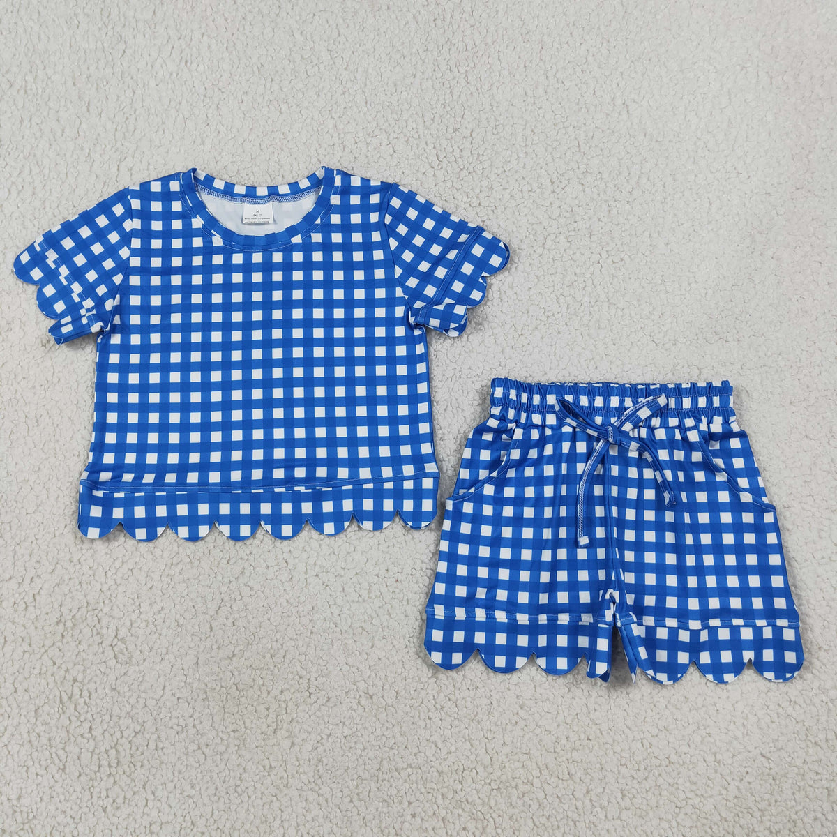 Sibling Baby Girls Short Sleeve Colorful Checked Top Pockets Short Scallop Clothes Sets