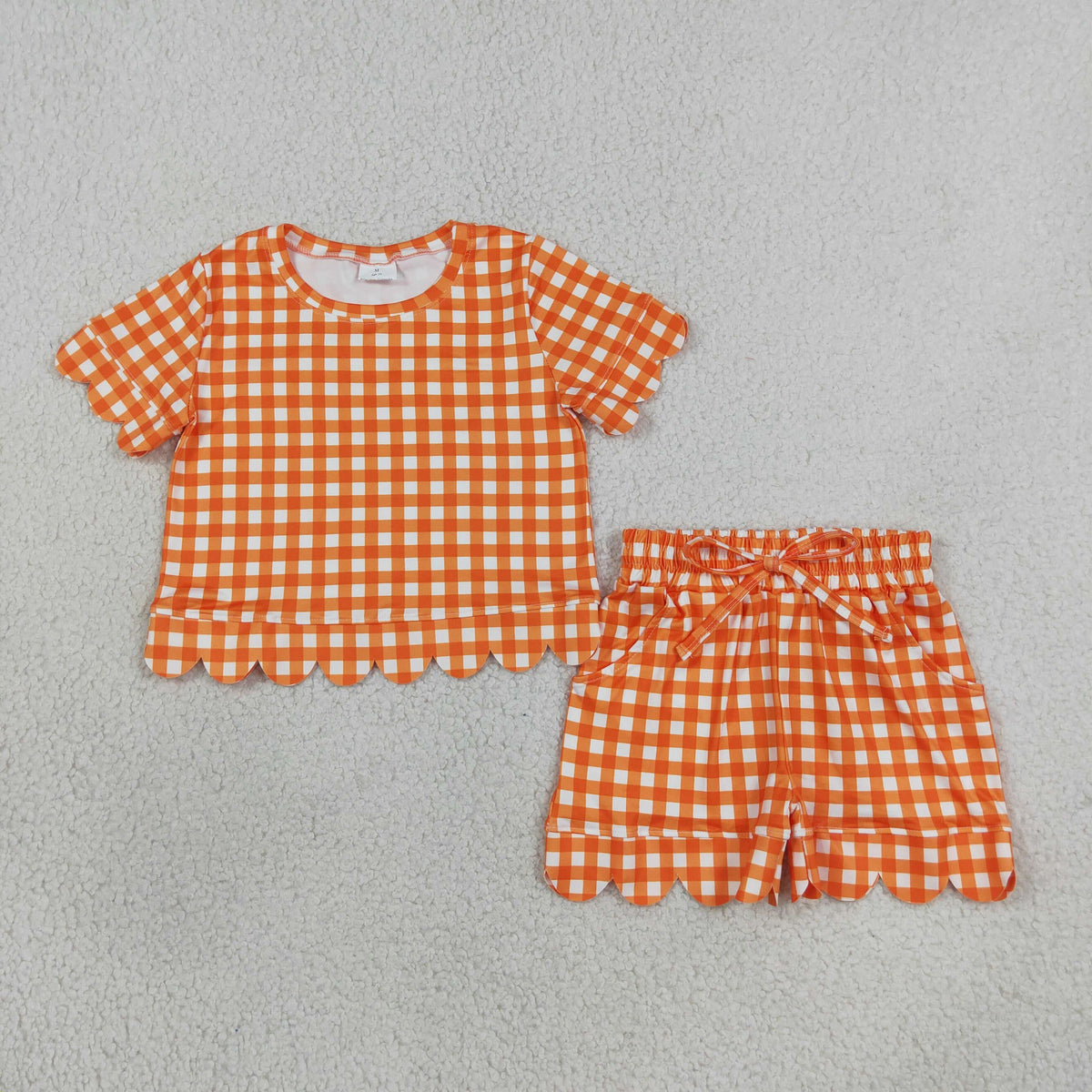 Sibling Baby Girls Short Sleeve Colorful Checked Top Pockets Short Scallop Clothes Sets