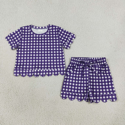 Sibling Baby Girls Short Sleeve Colorful Checked Top Pockets Short Scallop Clothes Sets