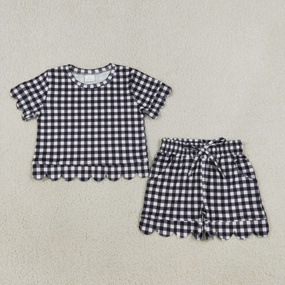 Sibling Baby Girls Short Sleeve Colorful Checked Top Pockets Short Scallop Clothes Sets