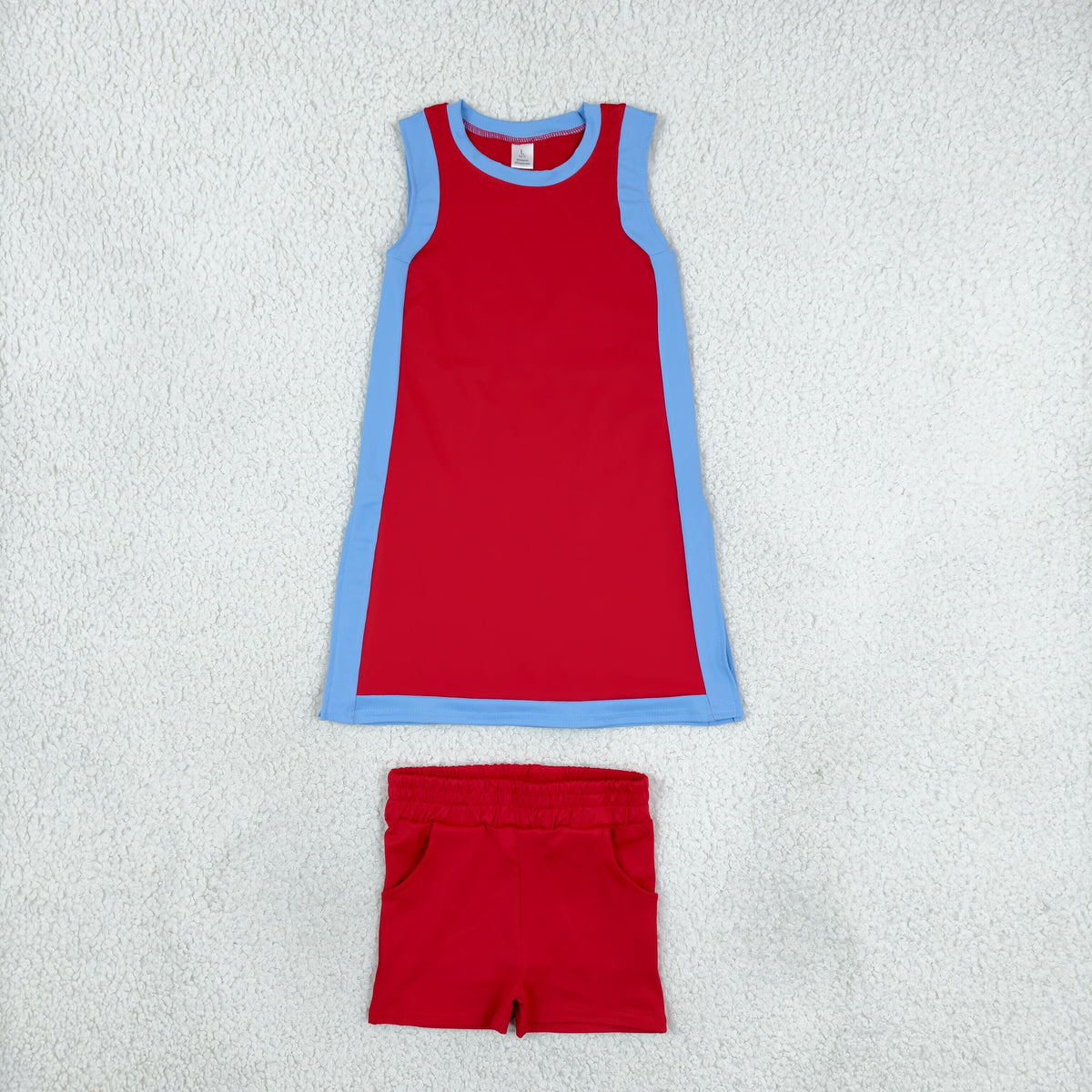 GSSO3846 Baby Girls Blue Red Split Tunic Pockets Short Yoga Active Clothes Set